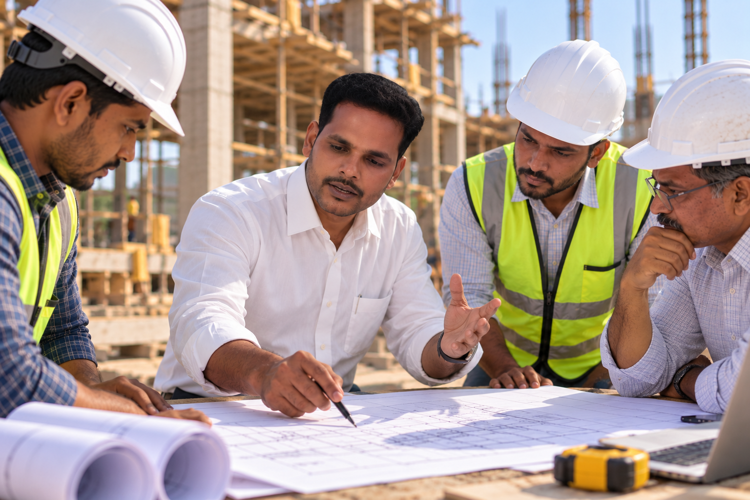 Azhagar Construction civil engineering team reviewing building plans on site in Theni