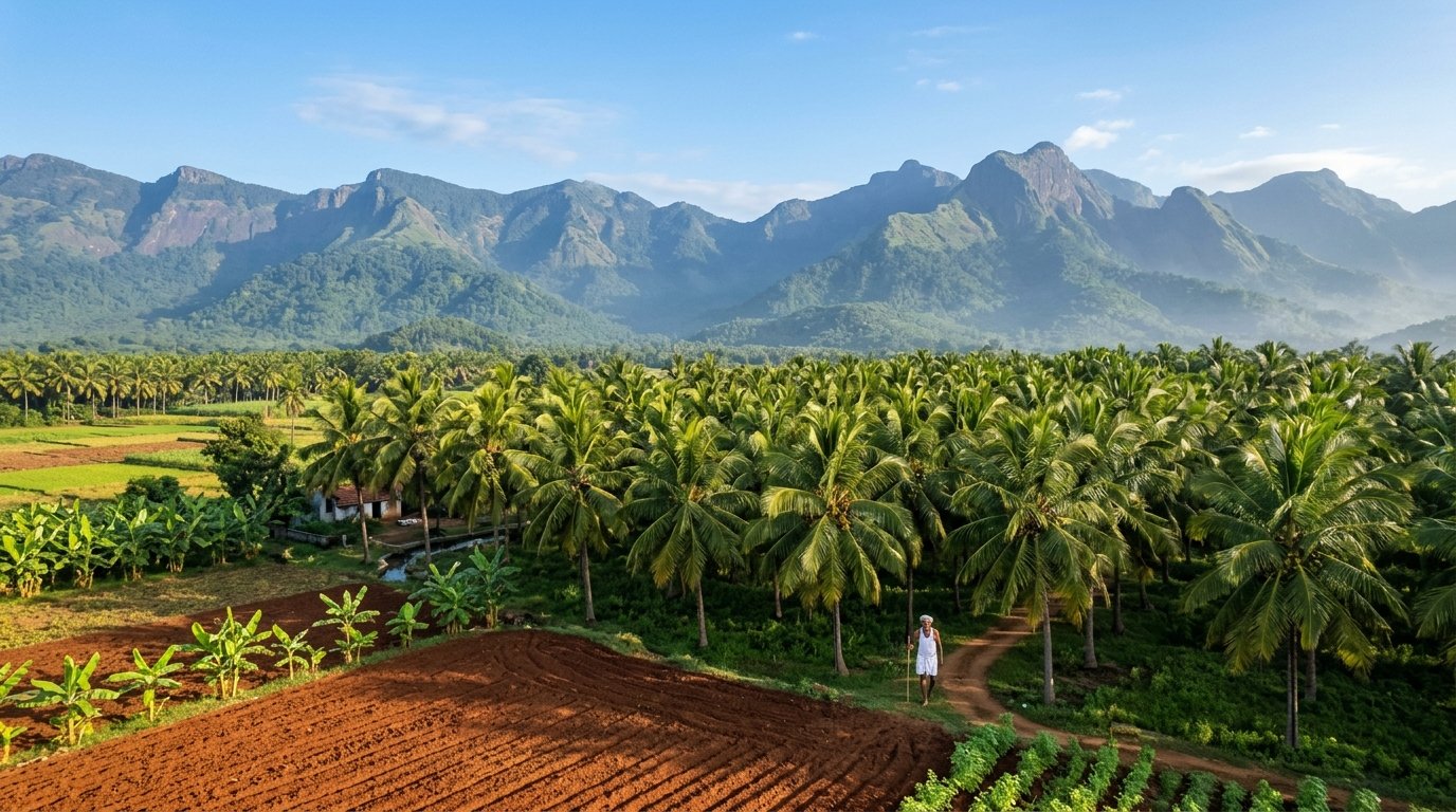 Agricultural farmland and coconut groves in Theni foothills